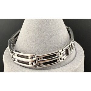 Vintage Estate Bracelet Silver Stainless Steel Cable Inlay Link 8.5"